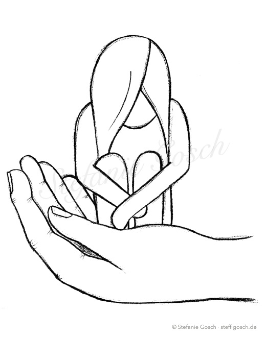 Bleistiftzeichnung: Ein Mädchen sitzt zusammengekauert in einer schützenden Hand.