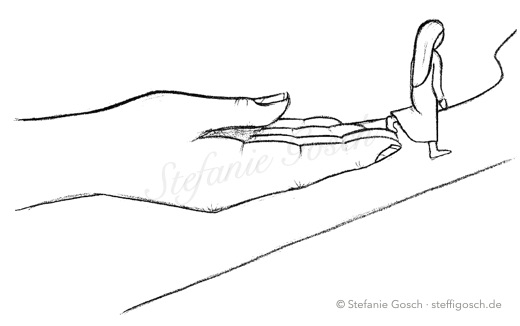 Bleistiftzeichnung: Ein Mädchen geht über einen Weg auf eine ausgestreckte Hand zu.