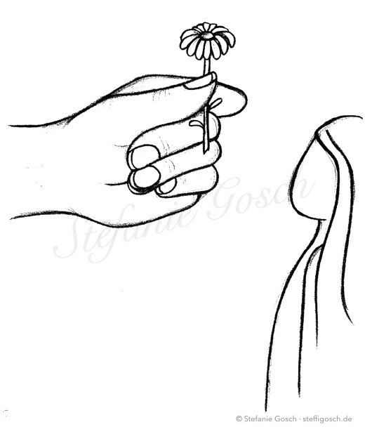 Bleistiftzeichnung: Eine Hand reicht einem Mädchen eine Blume.