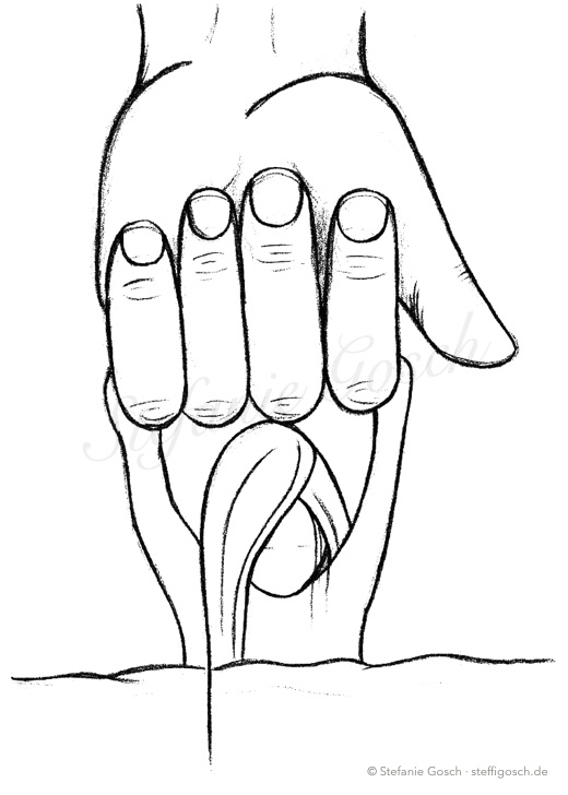 Bleistiftzeichnung: Eine große Hand legt sich schützend über ein Mädchen.
