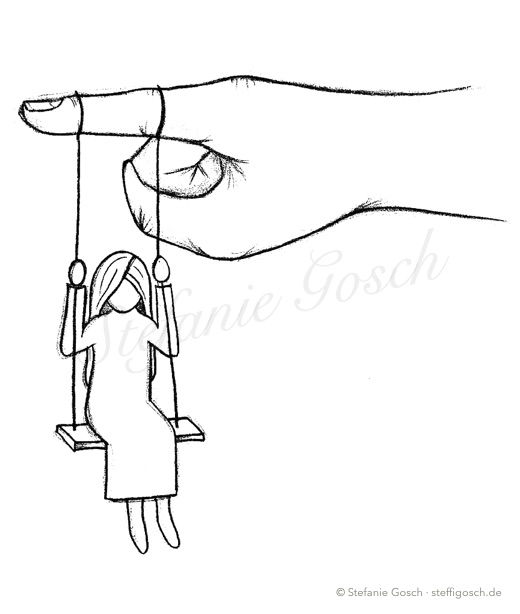 Bleistiftzeichnung: Ein Mädchen schaukelt auf einer Schaukel, die an einem Finger hängt.