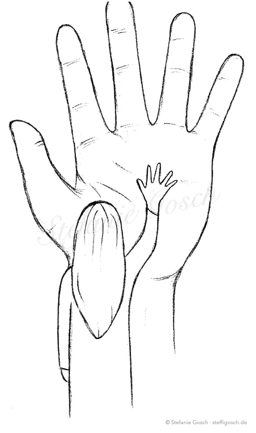 Bleistiftzeichnung: Ein Mädchen streckt ihre kleine Hand einer großen, offenen Hand entgegen.